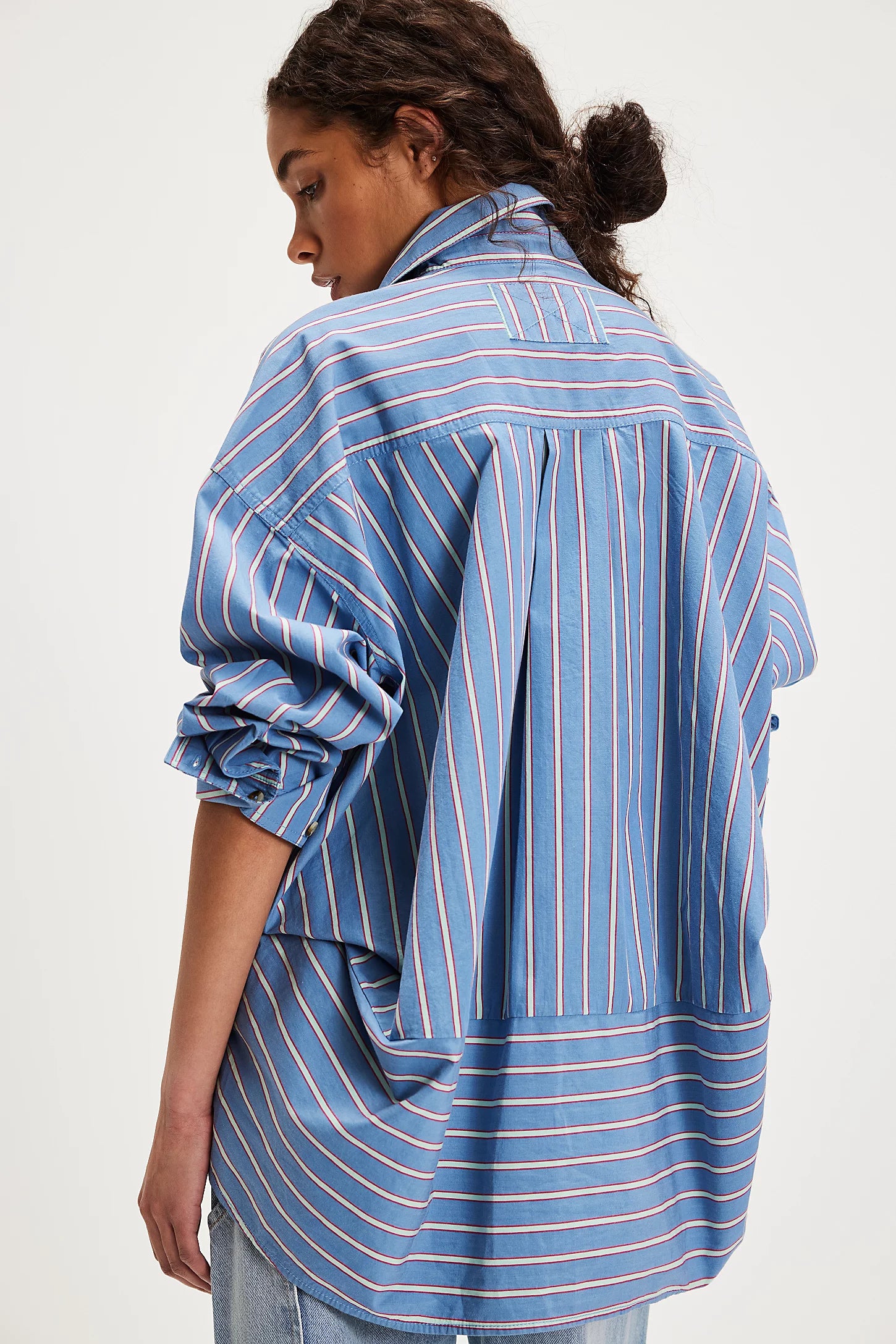 We the Free People Striped Varsity Vibes Button Down Shirt in Blue Combo