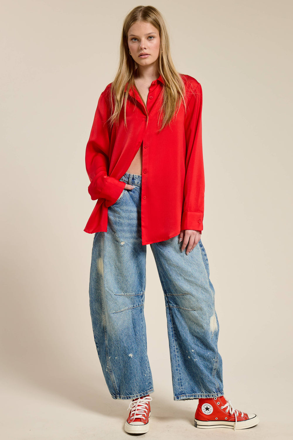 Silky Satin Red Button Down Blouse