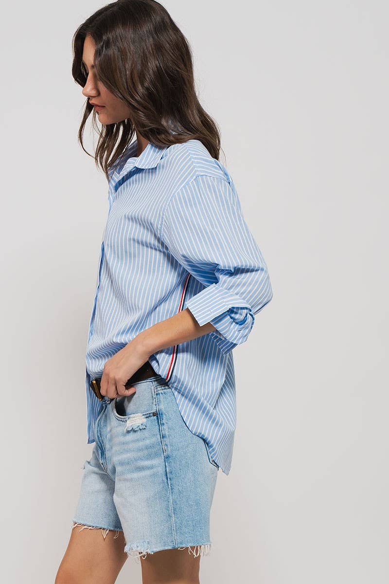 Urban Daizy - Striped Twill Tape Detail Statement Button Shirt