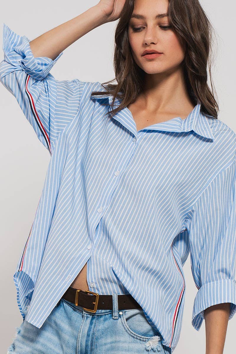 Urban Daizy - Striped Twill Tape Detail Statement Button Shirt