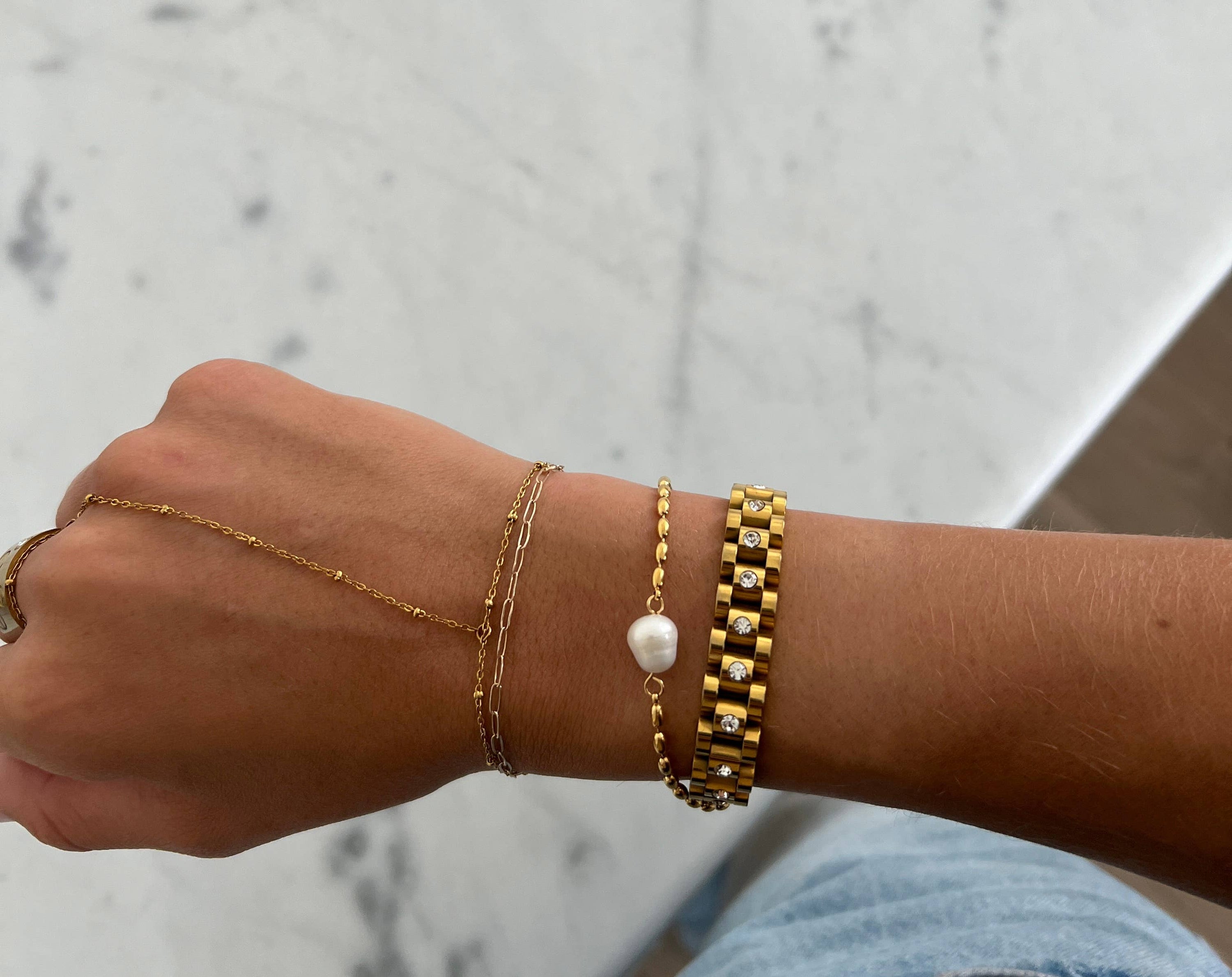 Gold Beaded Bracelet with Pearl accent