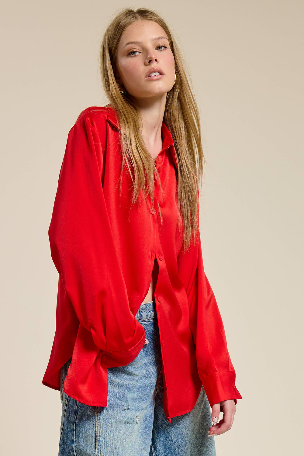 Silky Satin Red Button Down Blouse