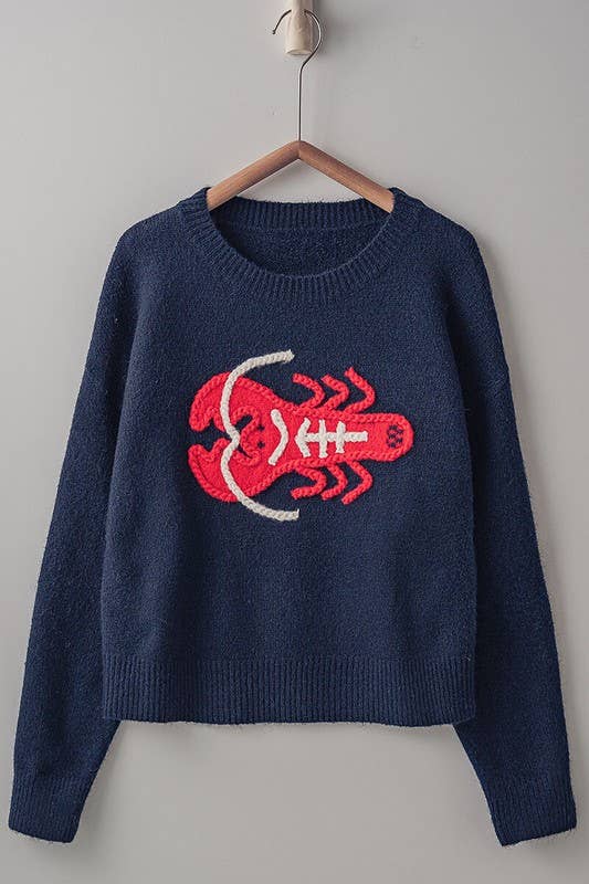 Embroidered Red Lobster Nautical Navy Sweater
