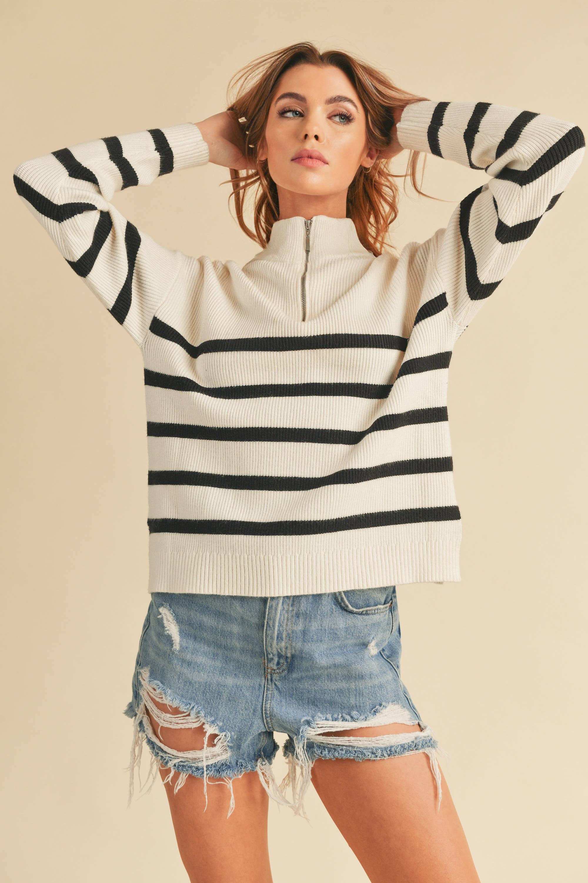 Daffie Striped Quarter Zip Sweater