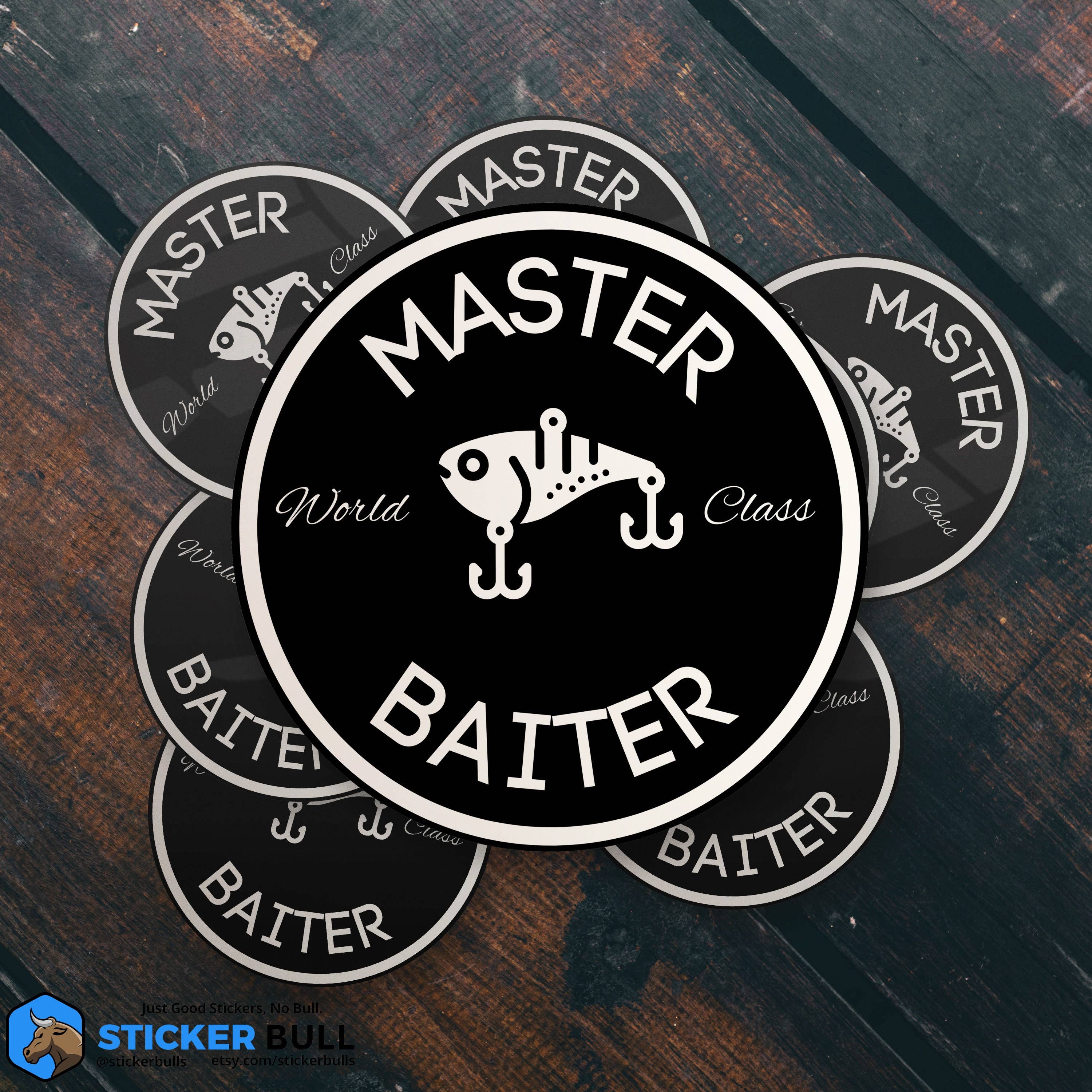 Sticker Bull - World Class Master Baiter Sticker, Swim Bait Sticker, Meme Sticker, Funny Waterproof Vinyl Sticker Decal for Laptop, Car, Hydroflask Sticker