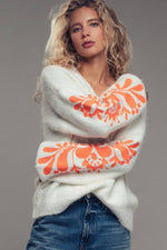 Urban Daizy - Floral Sleeve Fuzzy Knit Sweater