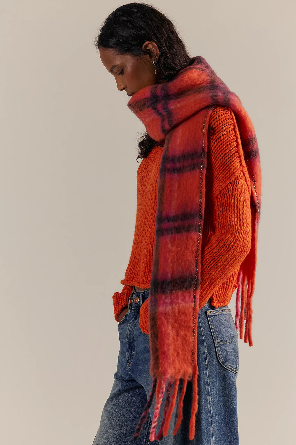 Free People Highland Plaid Skinny Winter Scarf