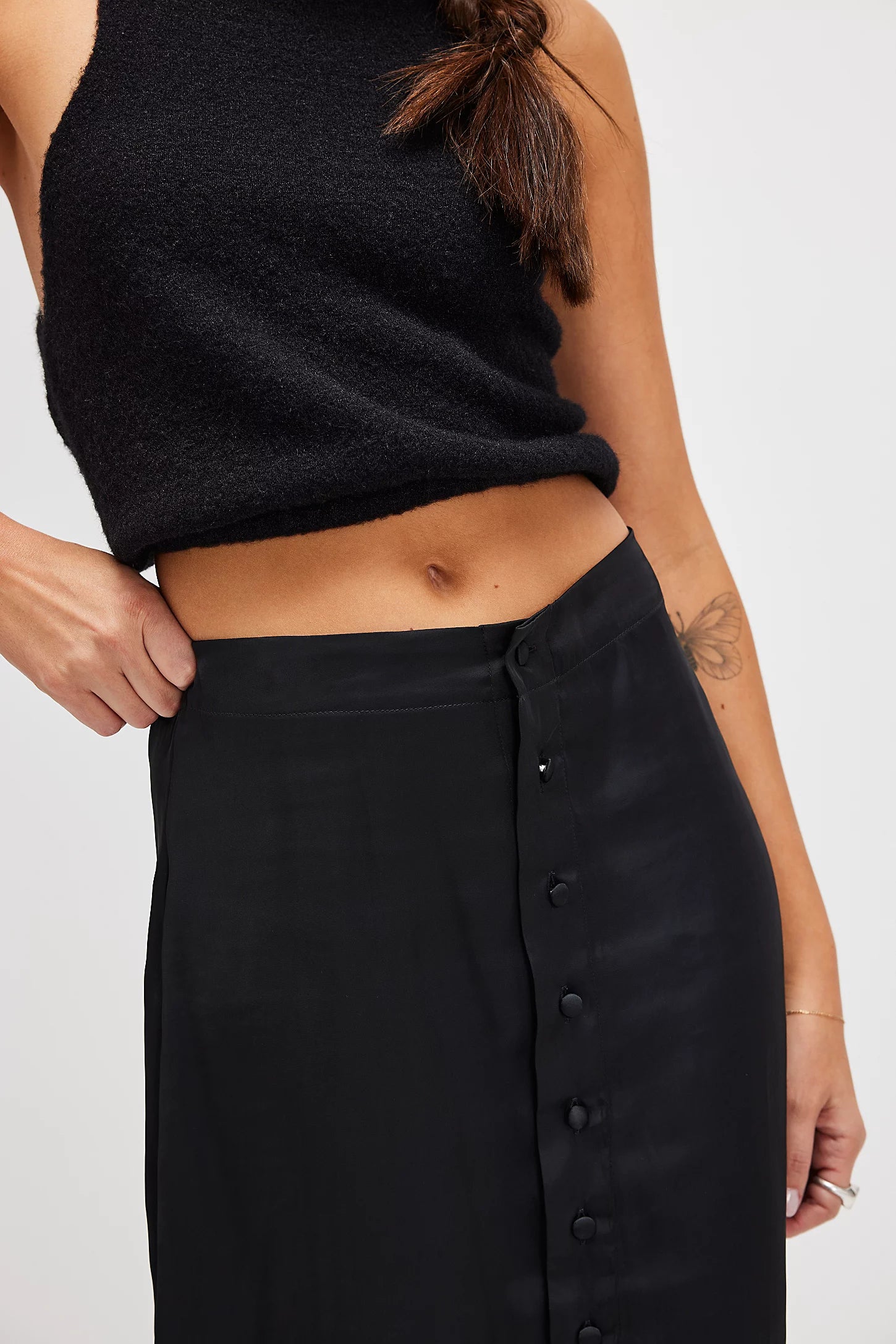 Free People Analise Satin Black Midi Skirt