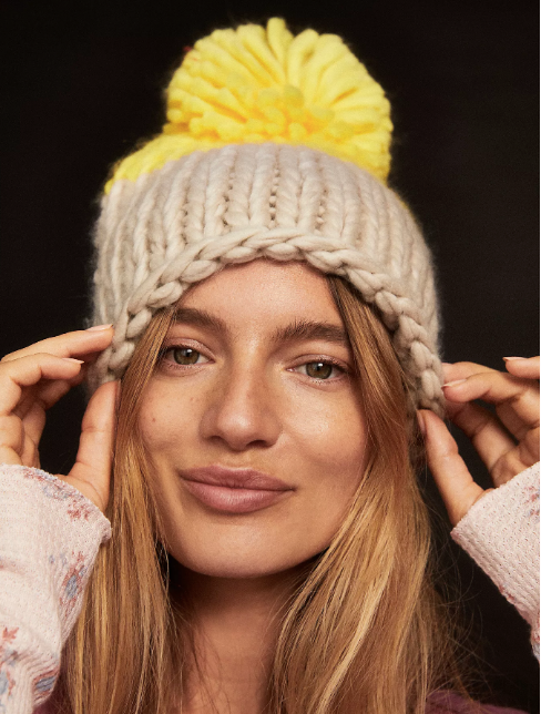 Free People Color block hand knit snow hat beanie with pom pom