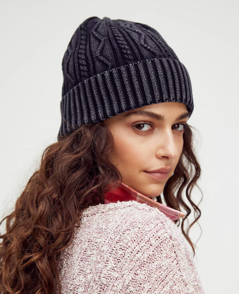 Free People Stretch Cable Knit Storm Washed Beanie Snow Hat
