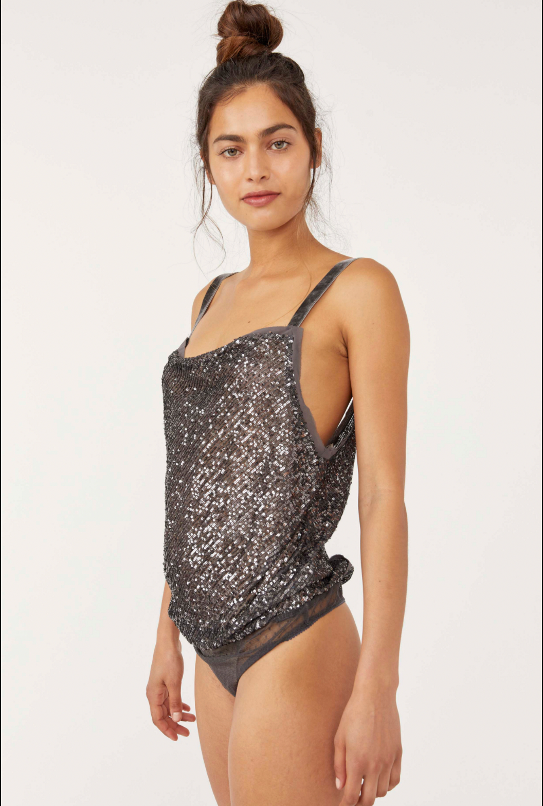 Free People Glitter Shimmer & Shine Holiday Top Silver Sequin & Velvet trim Bodysuit