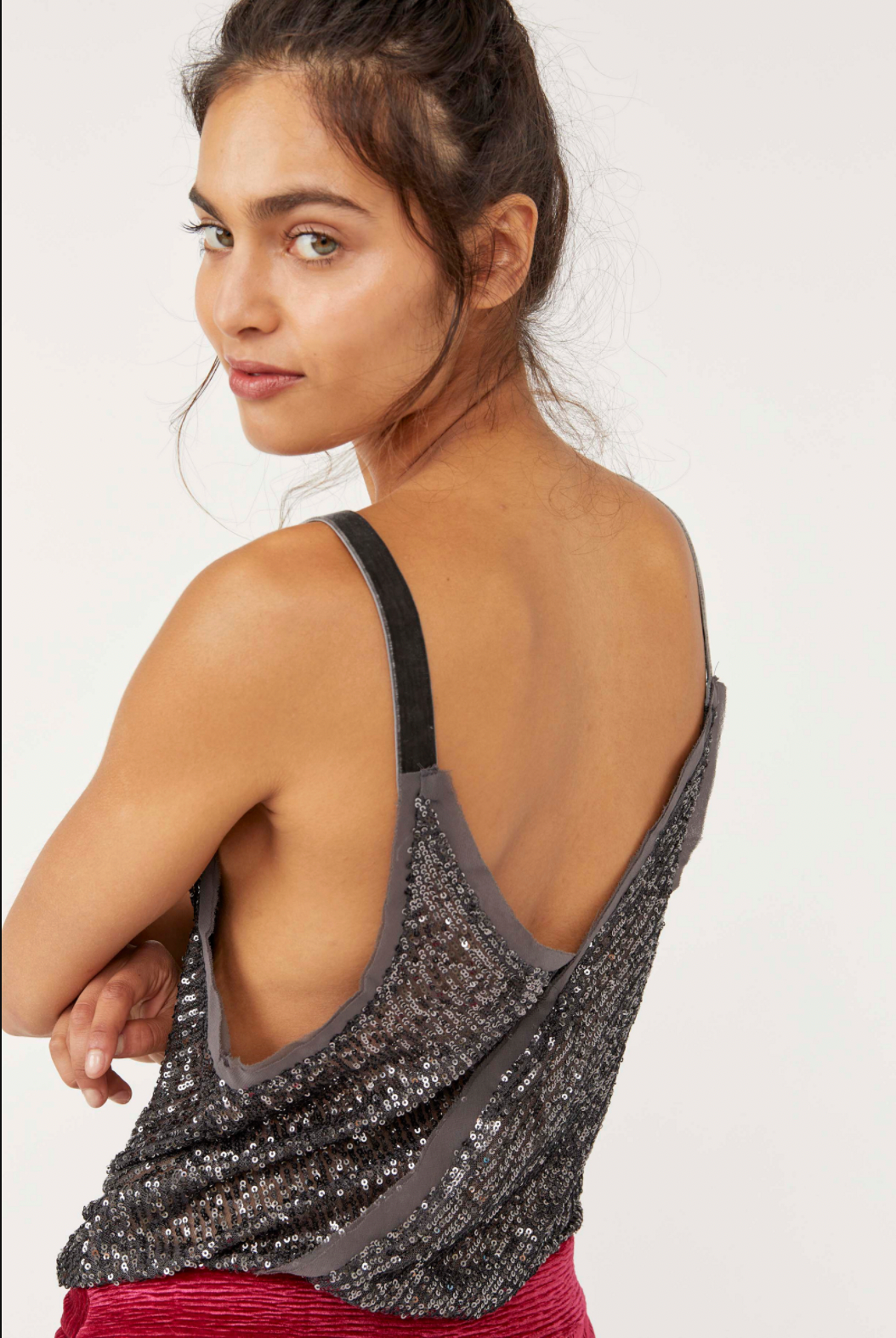 Free People Glitter Shimmer & Shine Holiday Top Silver Sequin & Velvet trim Bodysuit