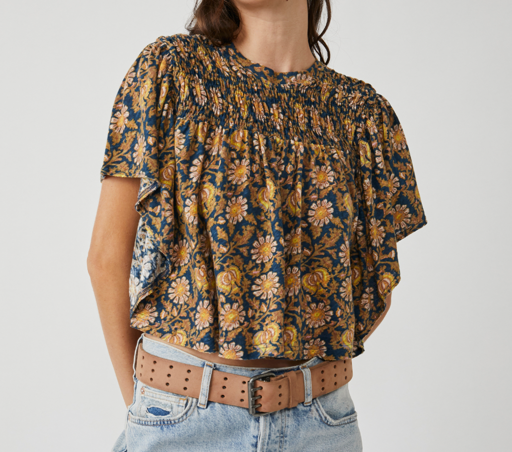 Free People Short Sleeve Fall Floral Printed Ruffled Up Top