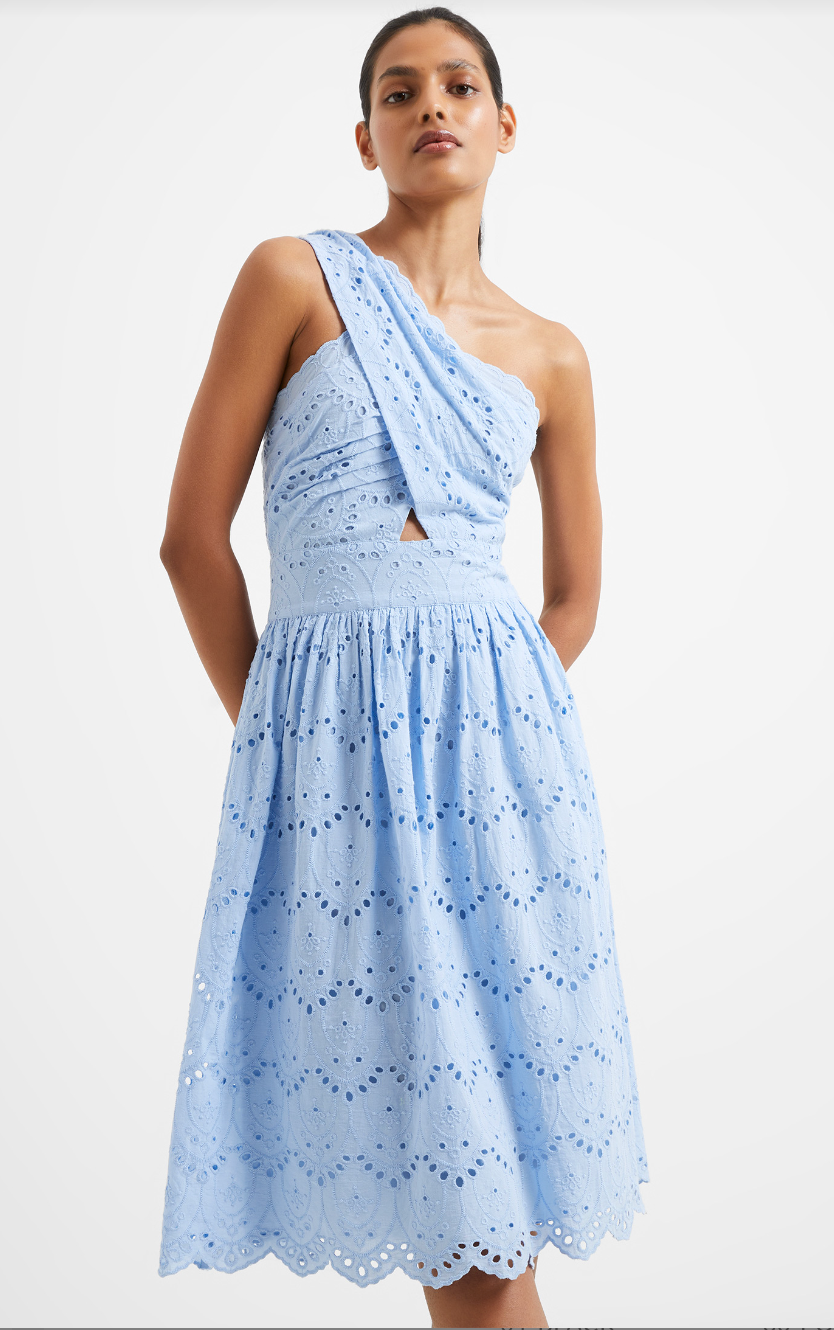 French Connection Lace Eyelet One Shoulder Appelona Anglaise Periwinkle Blue Dress