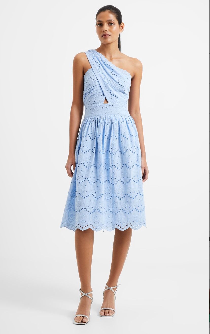 French Connection Lace Eyelet One Shoulder Appelona Anglaise Periwinkle Blue Dress