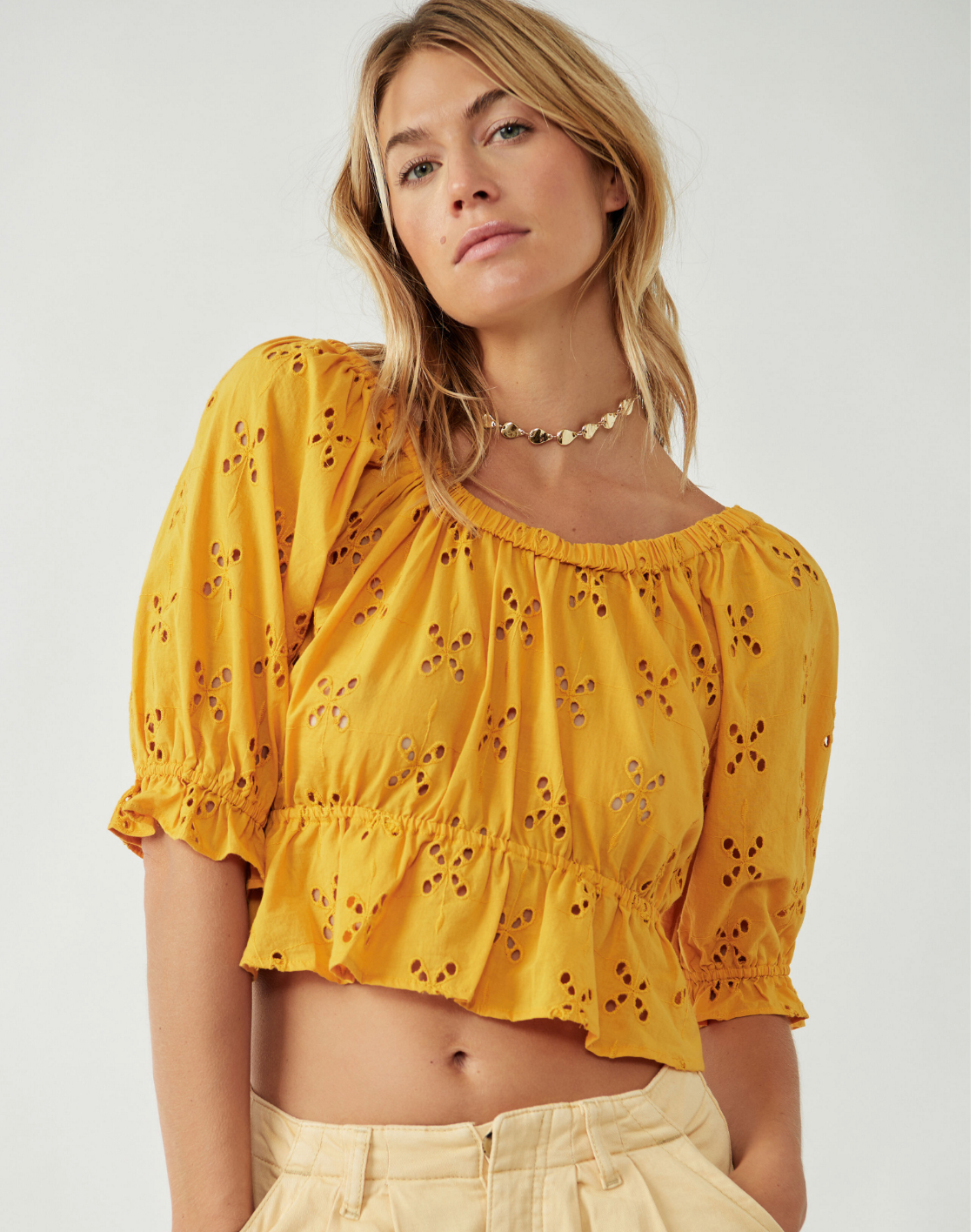 Free People Gold Lace Eyelet Cropped Gardenia Top with Short Puff Sleeves