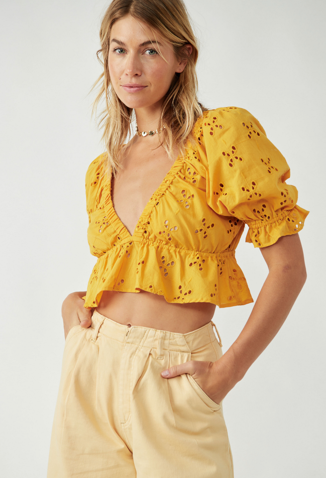 Free People Gold Lace Eyelet Cropped Gardenia Top with Short Puff Sleeves