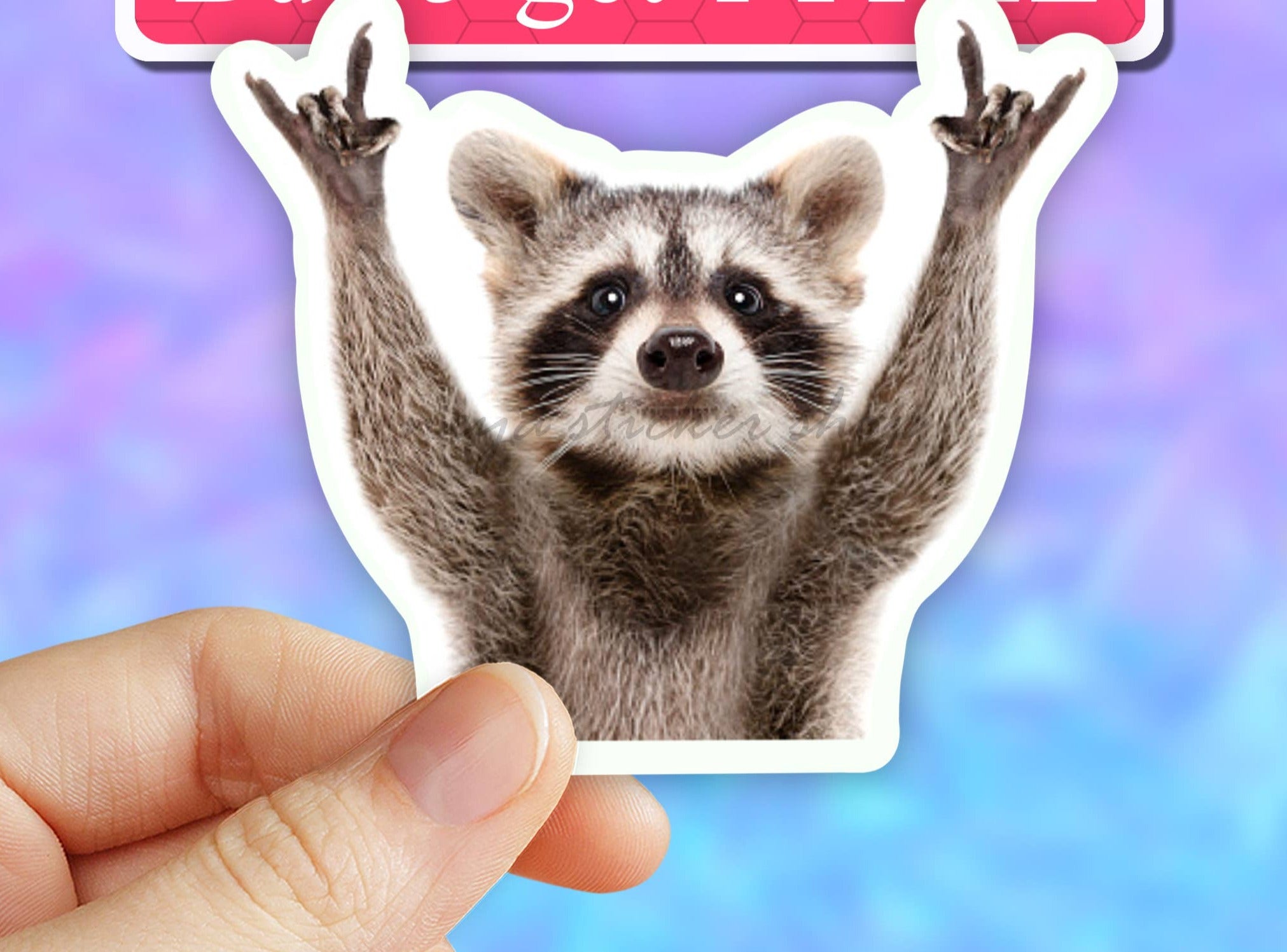 Raccoon rock sign meme stickers, trash panda decal, funny sticker meme: 2" (Mini)