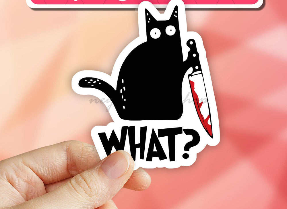 Black Cat What? Murder funny Vinyl Sticker, cat meme decal, laptop: 2" (Mini)